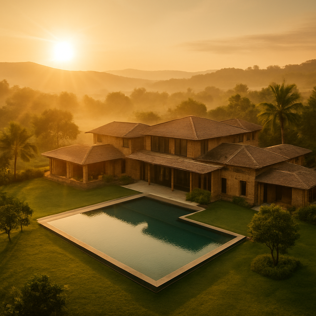 Maharashtra Farmhouse luxury resort at golden hour